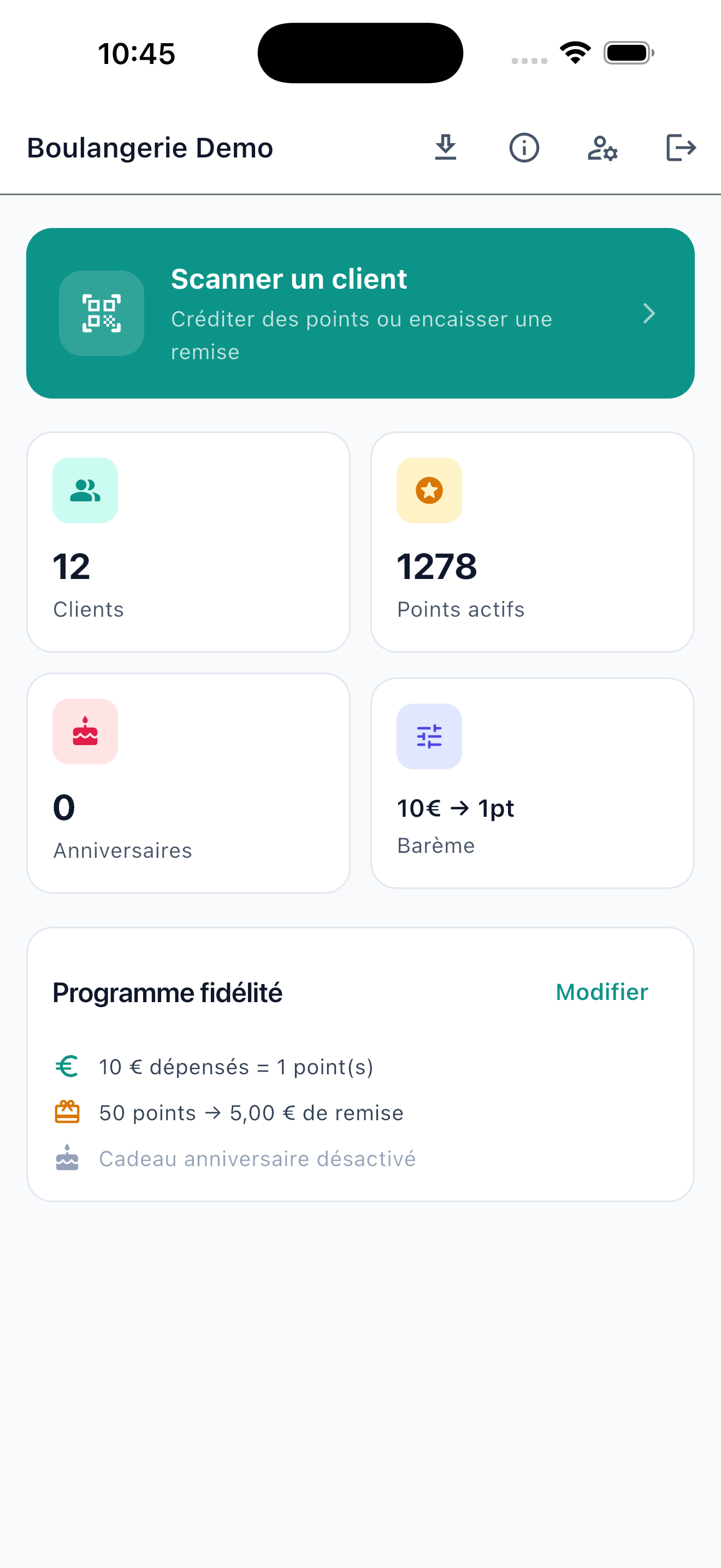 Tableau de bord EasyFid : scanner un client, points et programme de fidélité